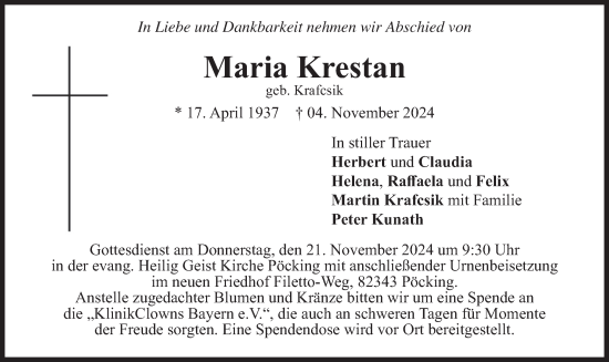 Traueranzeige von Maria Krestan von merkurtz