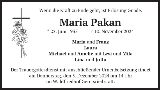 Traueranzeige von Maria Pakan von merkurtz