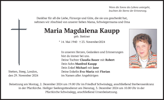 Traueranzeige von Maria Magdalena Kaupp von merkurtz