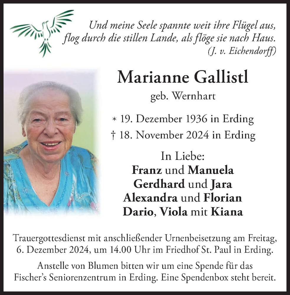  Traueranzeige für Marianne Gallistl vom 30.11.2024 aus merkurtz