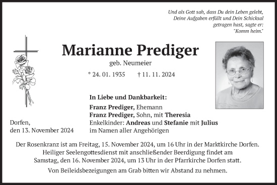 Traueranzeige von Marianne Prediger von merkurtz