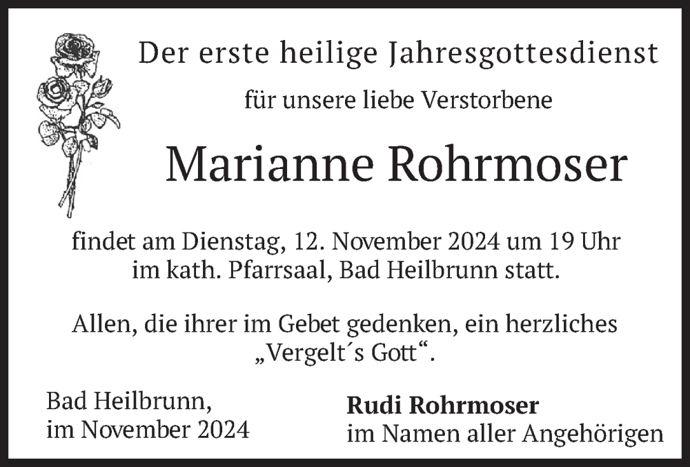  Traueranzeige für Marianne Rohrmoser vom 09.11.2024 aus merkurtz