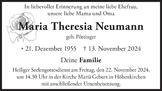 Traueranzeige von Maria Theresia Neumann von merkurtz