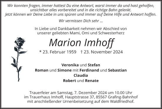 Traueranzeige von Marion Imhoff von merkurtz