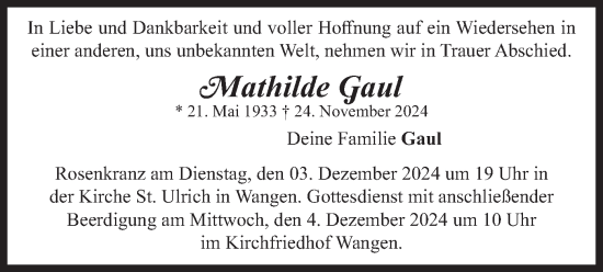 Traueranzeige von Mathilde Gaul von merkurtz