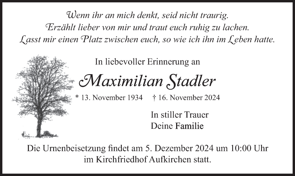  Traueranzeige für Maximilian Stadler vom 23.11.2024 aus merkurtz