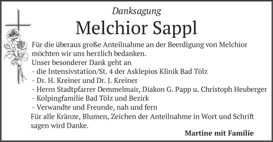 Traueranzeige von Melchior Sappl von merkurtz