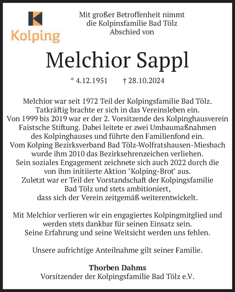  Traueranzeige für Melchior Sappl vom 02.11.2024 aus merkurtz