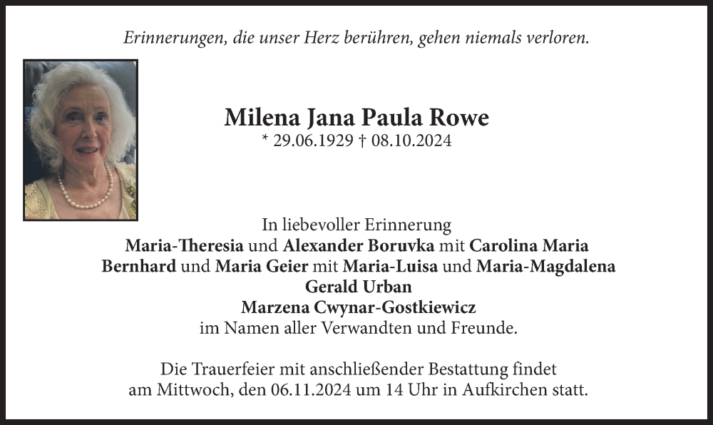  Traueranzeige für Milena Jana Paula Rowe vom 02.11.2024 aus merkurtz