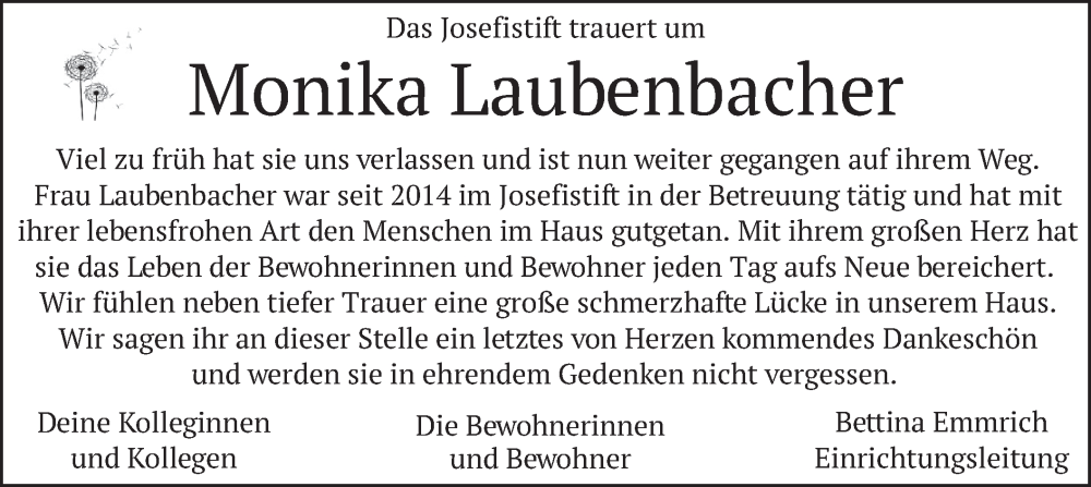  Traueranzeige für Monika Laubenbacher vom 30.11.2024 aus merkurtz