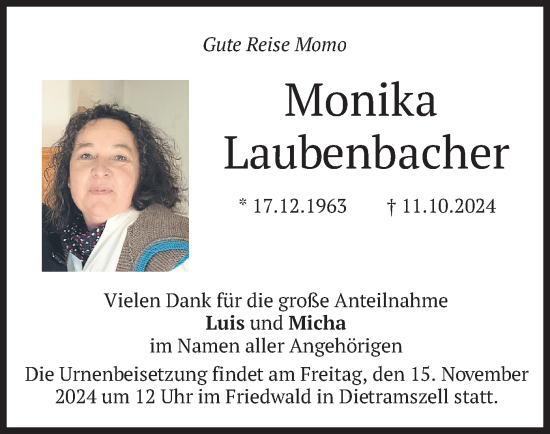 Traueranzeige von Monika Laubenbacher von merkurtz