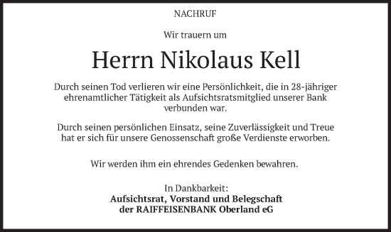 Traueranzeige von Nikolaus Kell von merkurtz