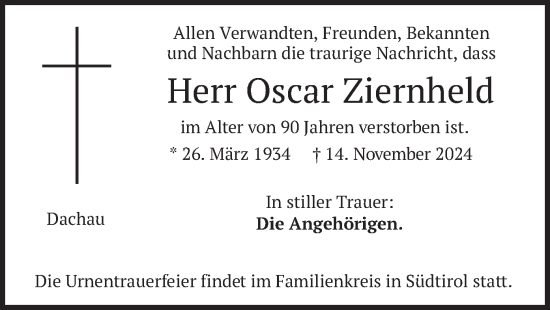 Traueranzeige von Oscar Ziernheld von merkurtz