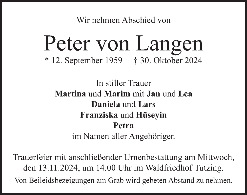  Traueranzeige für Peter von Langen vom 09.11.2024 aus merkurtz