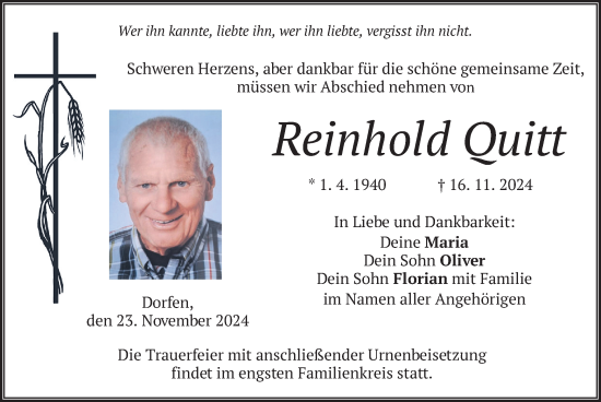 Traueranzeige von Reinhold Quitt von merkurtz