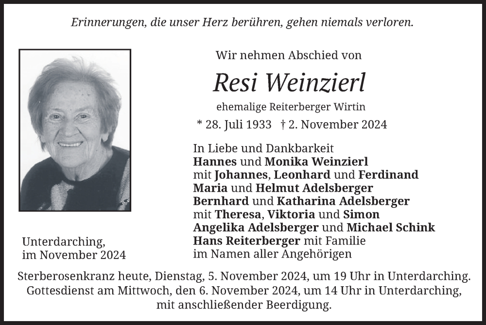  Traueranzeige für Resi Weinzierl vom 05.11.2024 aus merkurtz