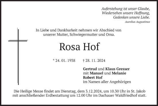 Traueranzeige von Rosa Hof von merkurtz