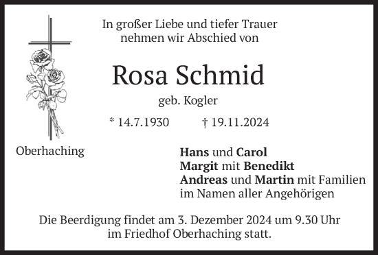 Traueranzeige von Rosa Schmid von merkurtz