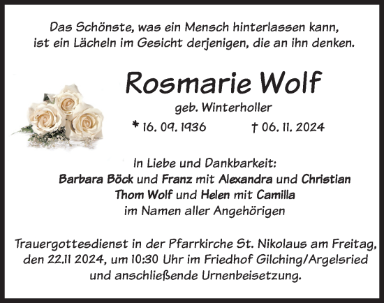 Traueranzeige von Rosmarie Wolf von merkurtz