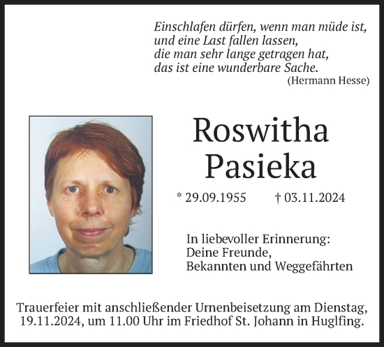 Traueranzeige von Roswitha Pasieka von merkurtz