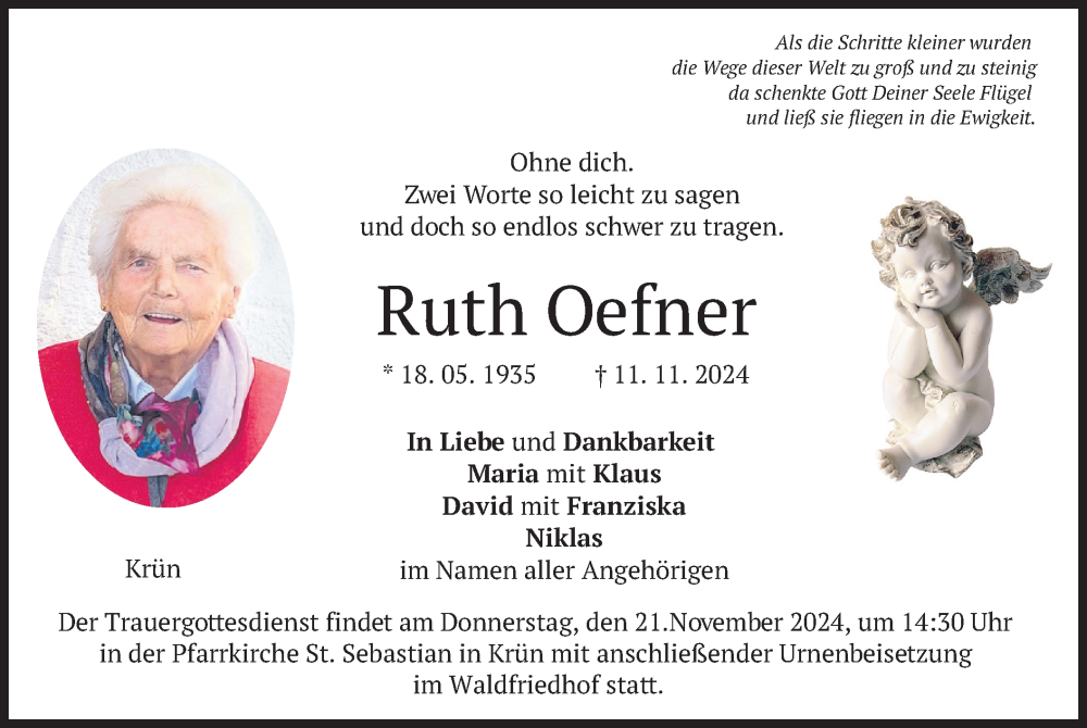  Traueranzeige für Ruth Oefner vom 19.11.2024 aus merkurtz