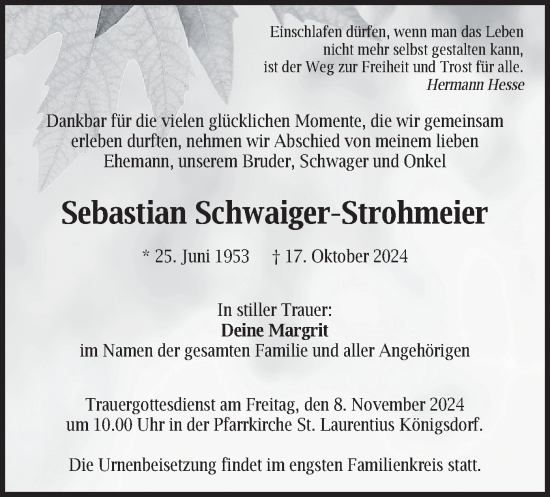 Traueranzeige von Sebastian Schwaiger-Strohmeier von merkurtz