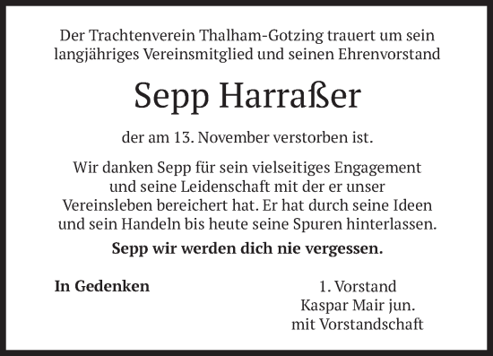 Traueranzeige von Sepp Harraßer von merkurtz