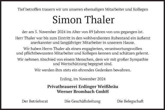 Traueranzeige von Simon Thaler von merkurtz