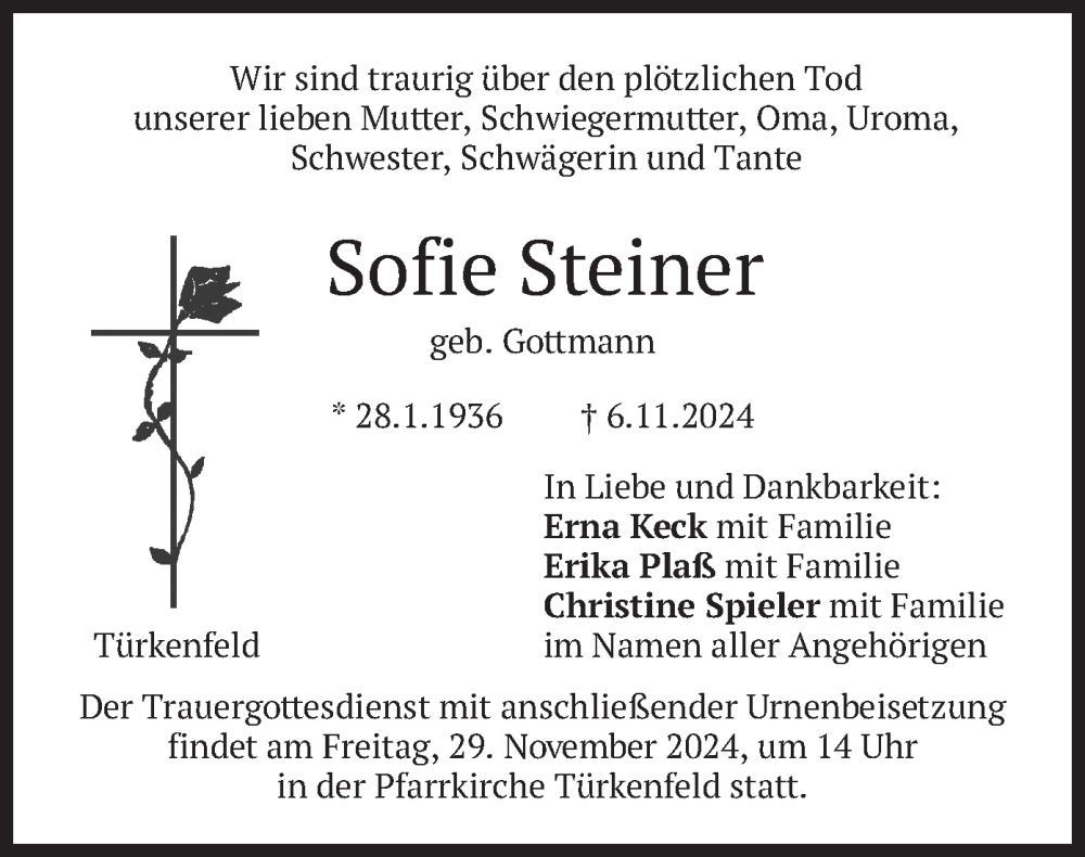  Traueranzeige für Sofie Steiner vom 23.11.2024 aus merkurtz