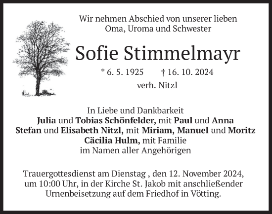 Traueranzeige von Sofie Stimmelmayr von merkurtz