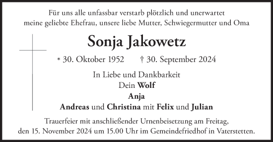 Traueranzeige von Sonja Jakowetz von merkurtz