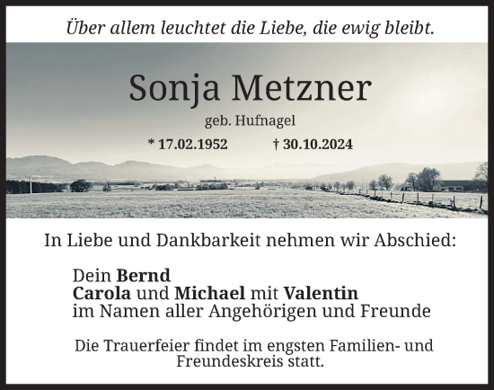 Traueranzeige von Sonja Metzner von merkurtz