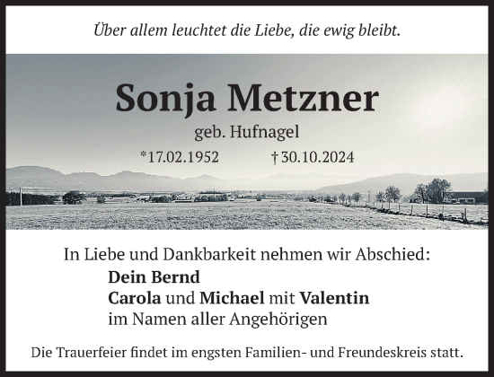 Traueranzeige von Sonja Metzner von Das Gelbe Blatt Penzberg