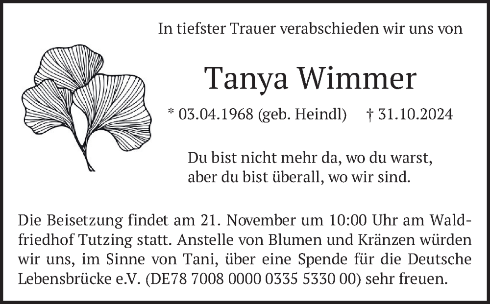  Traueranzeige für Tanya Wimmer vom 09.11.2024 aus merkurtz