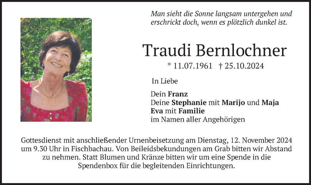  Traueranzeige für Traudi Bernlochner vom 09.11.2024 aus merkurtz