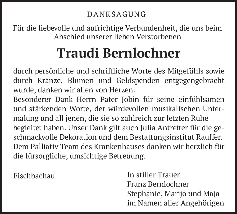  Traueranzeige für Traudi Bernlochner vom 16.11.2024 aus merkurtz