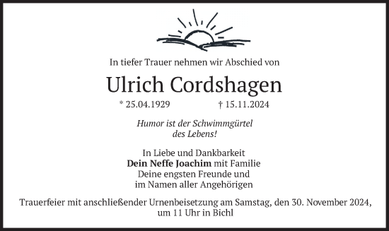 Traueranzeige von Ulrich Cordshagen von merkurtz