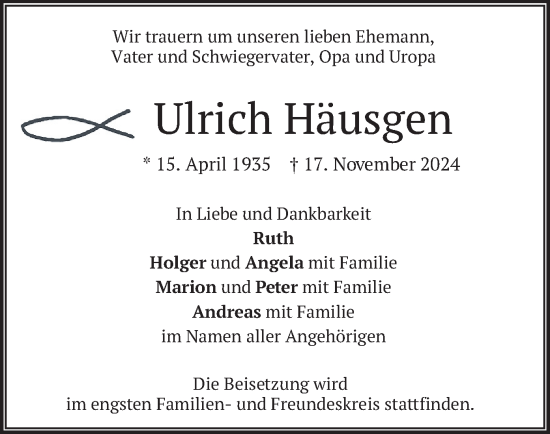 Traueranzeige von Ulrich Häusgen von merkurtz