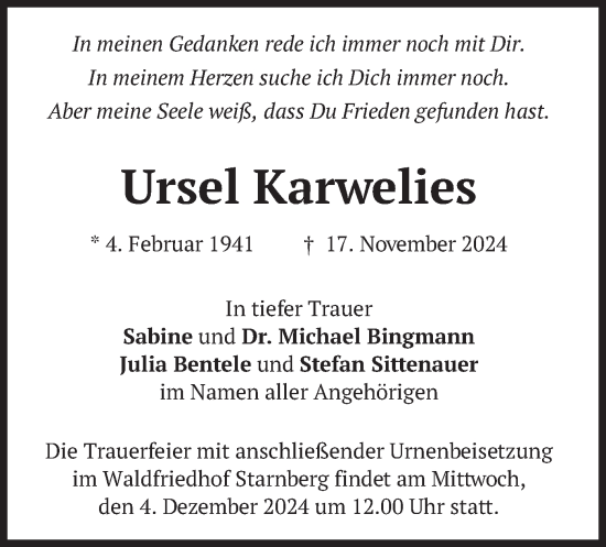 Traueranzeige von Ursel Karwelies von merkurtz