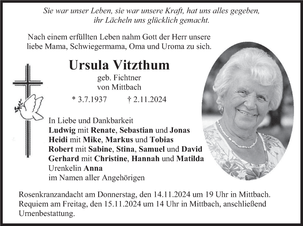  Traueranzeige für Ursula Vitzthum vom 11.11.2024 aus merkurtz