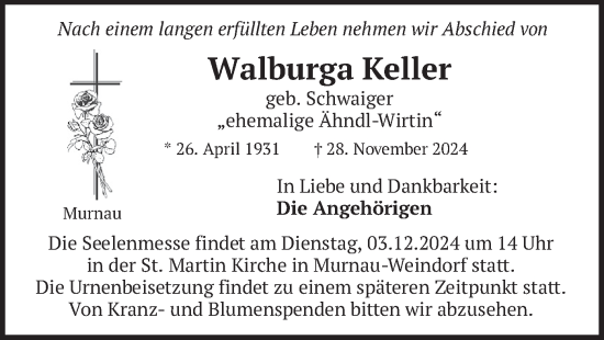 Traueranzeige von Walburga Keller von merkurtz