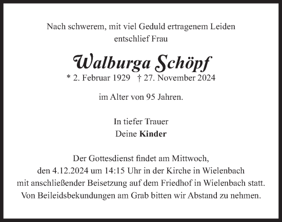Traueranzeige von Walburga Schöpf von merkurtz