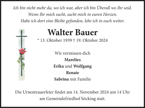 Traueranzeige von Walter Bauer von merkurtz