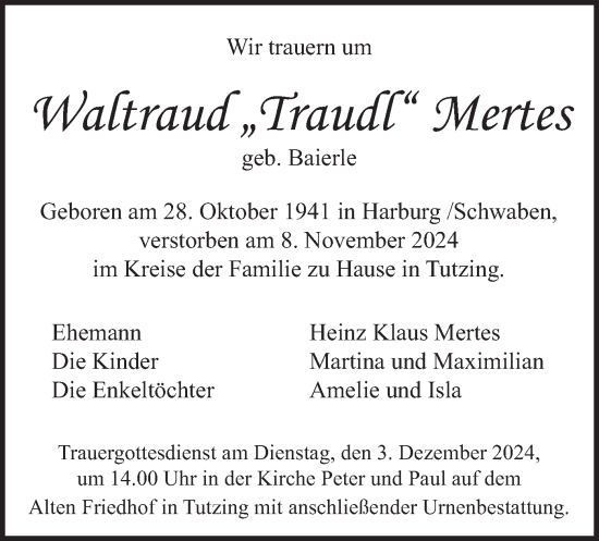 Traueranzeige von Waltraud Mertes von merkurtz