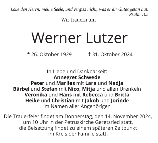 Traueranzeige von Werner Lutzer von merkurtz