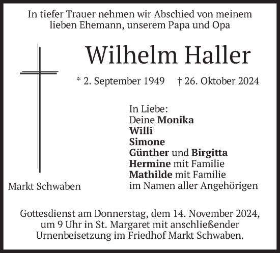 Traueranzeige von Wilhelm Haller von merkurtz