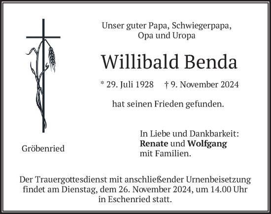 Traueranzeige von Willibald Benda von merkurtz