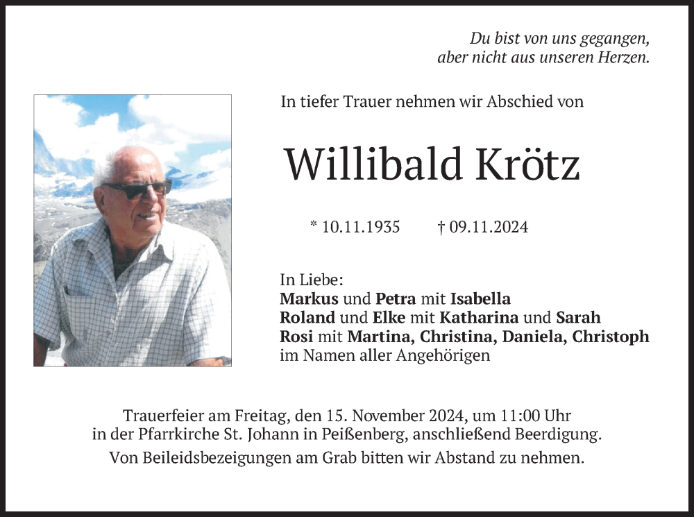  Traueranzeige für Willibald Krötz vom 12.11.2024 aus merkurtz