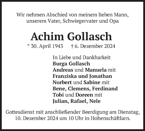 Traueranzeige von Achim Gollasch von merkurtz