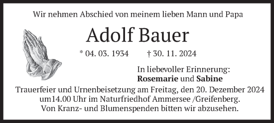 Traueranzeige von Adolf Bauer von merkurtz